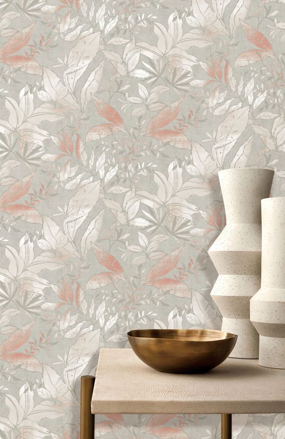 Vliesová tapeta na zeď, šedá, růžová, listy a větvičky, AU41703, Aurelia, Prestige Wallcoverings