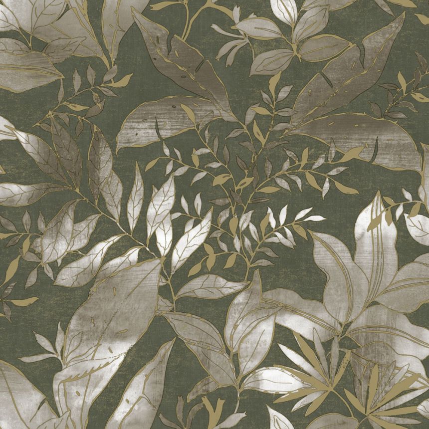 Vliesová tapeta na zeď, zelená, zlatá, listy a větvičky, AU41705, Aurelia, Prestige Wallcoverings