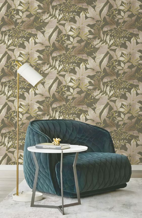 Vliesová tapeta na zeď, zelená, zlatá, listy a větvičky, AU41705, Aurelia, Prestige Wallcoverings