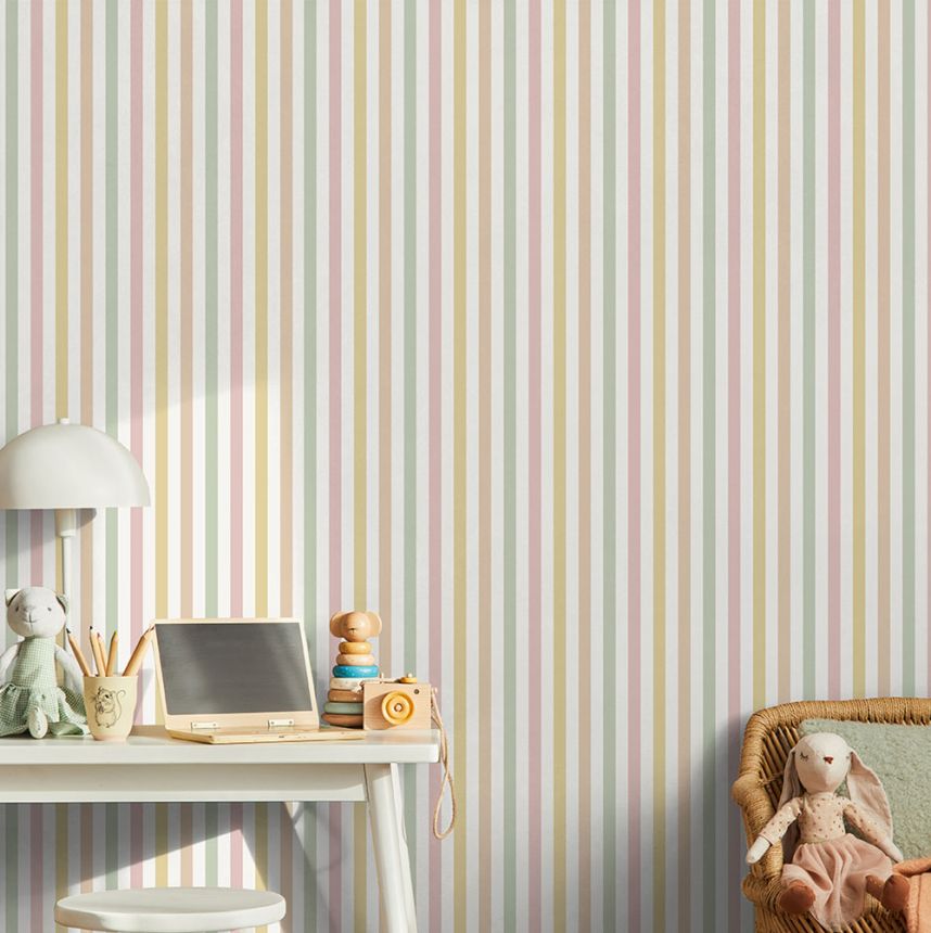 Dětská vliesová tapeta na zeď, zelená, oranžová, pruhy, M94104, Sweet Dreams, Ugépa