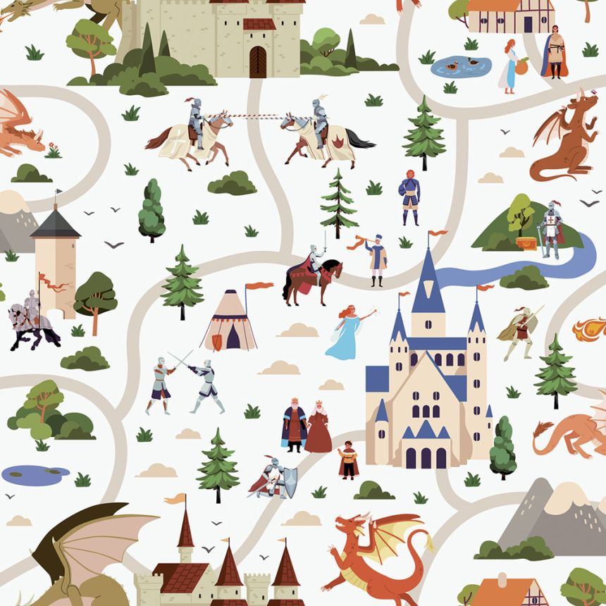 Dětská vliesová tapeta na zeď se zvířátky, béžová, modrá, rytíři, hrady, N06310, Sweet Dreams, Ugépa