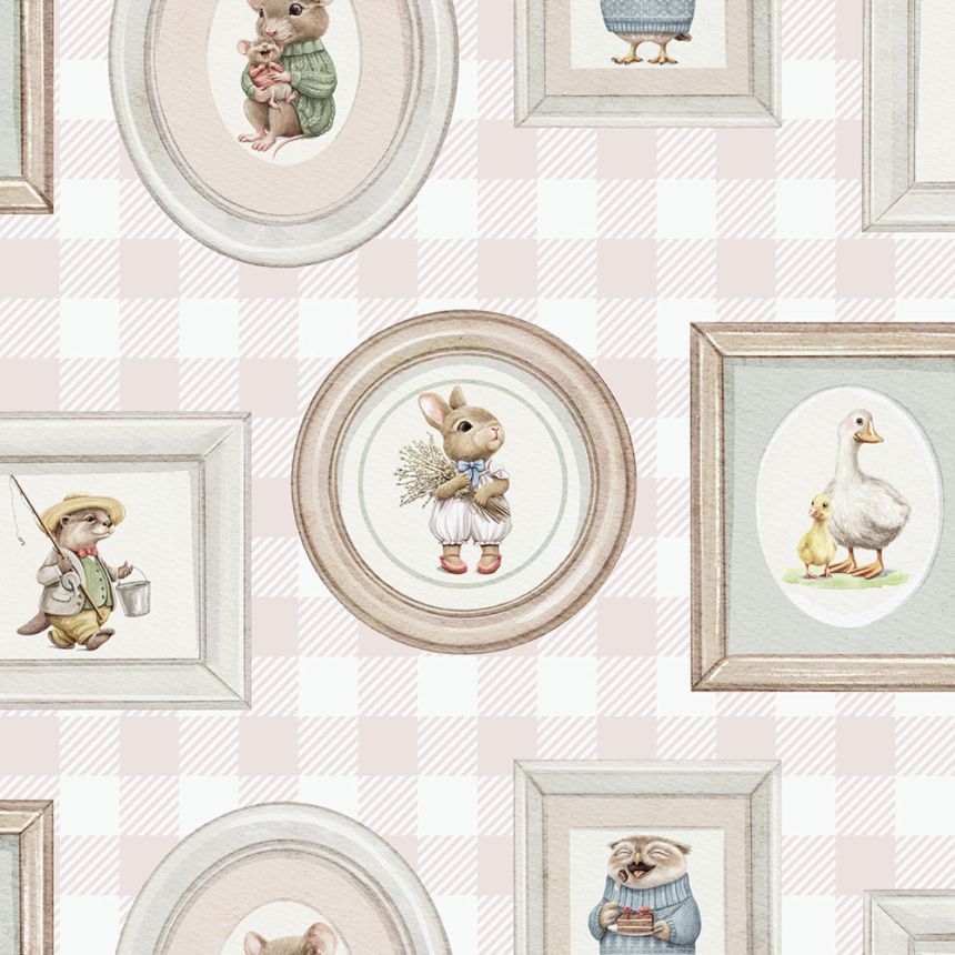 Károvaná vliesová tapeta na zeď se zvířátky, růžová, šedá, N06703, Sweet Dreams, Ugépa