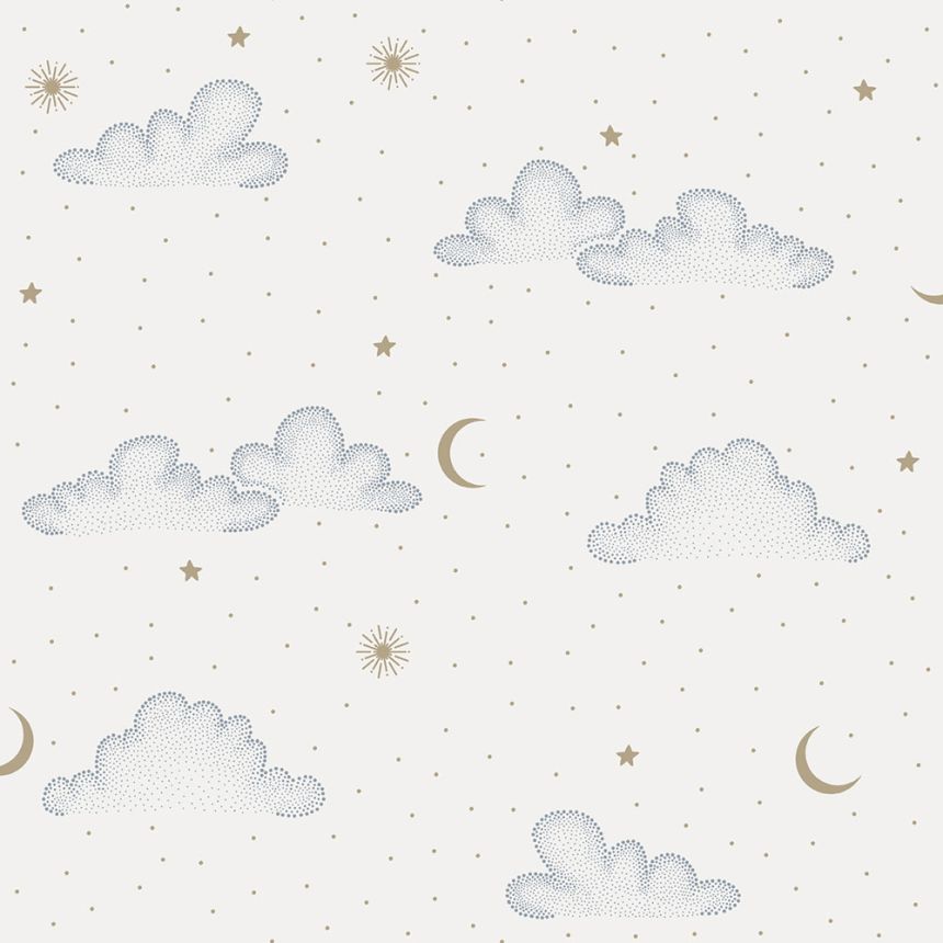 Dětská vliesová tapeta na zeď, bílá, zlatá, puntíky, hvězdičky, N07301, Sweet Dreams, Ugépa