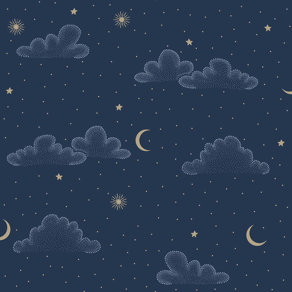 Dětská vliesová tapeta na zeď, zlatá, modrá, puntíky, hvězdičky, N07311, Sweet Dreams, Ugépa