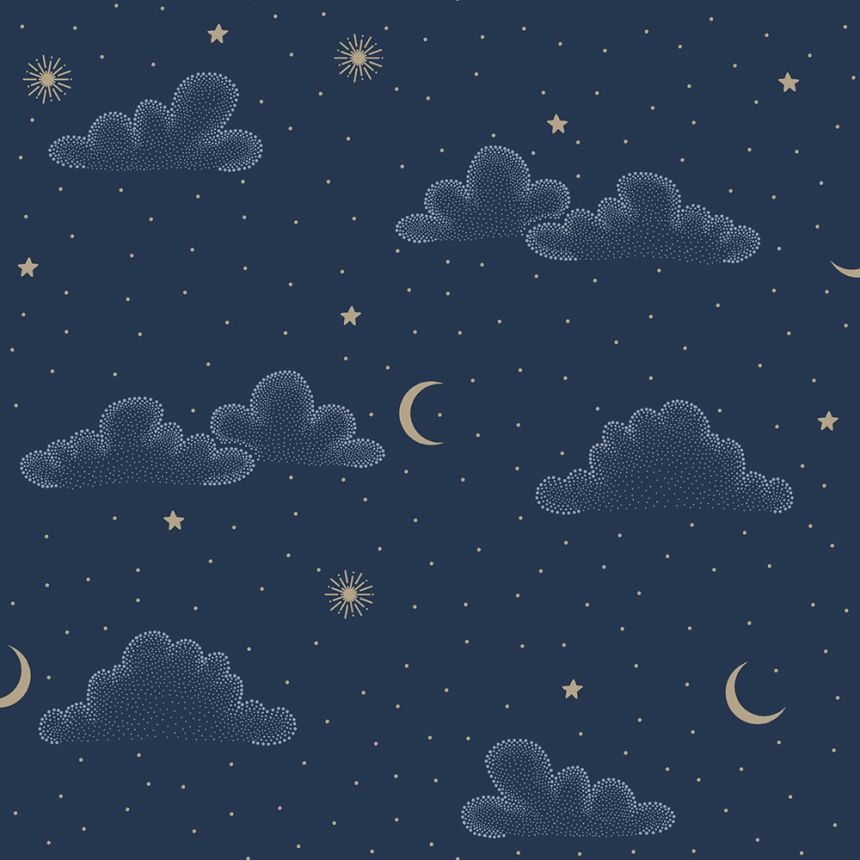Dětská vliesová tapeta na zeď, zlatá, modrá, puntíky, hvězdičky, N07311, Sweet Dreams, Ugépa
