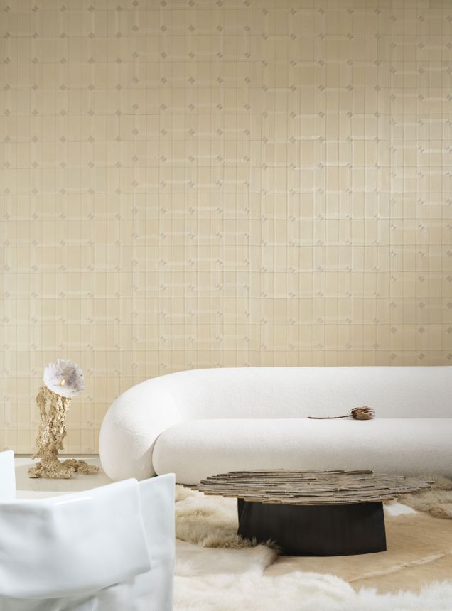 Geometrická vliesová vyšívaná tapeta na zeď, kozí kůže, krémová, 27420, Corium, Arte