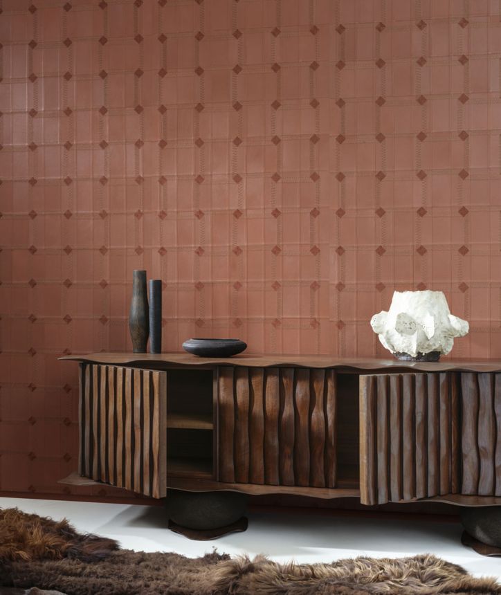 Geometrická vliesová vyšívaná tapeta na zeď, kozí kůže, červeno-hnědá, 27421, Corium, Arte