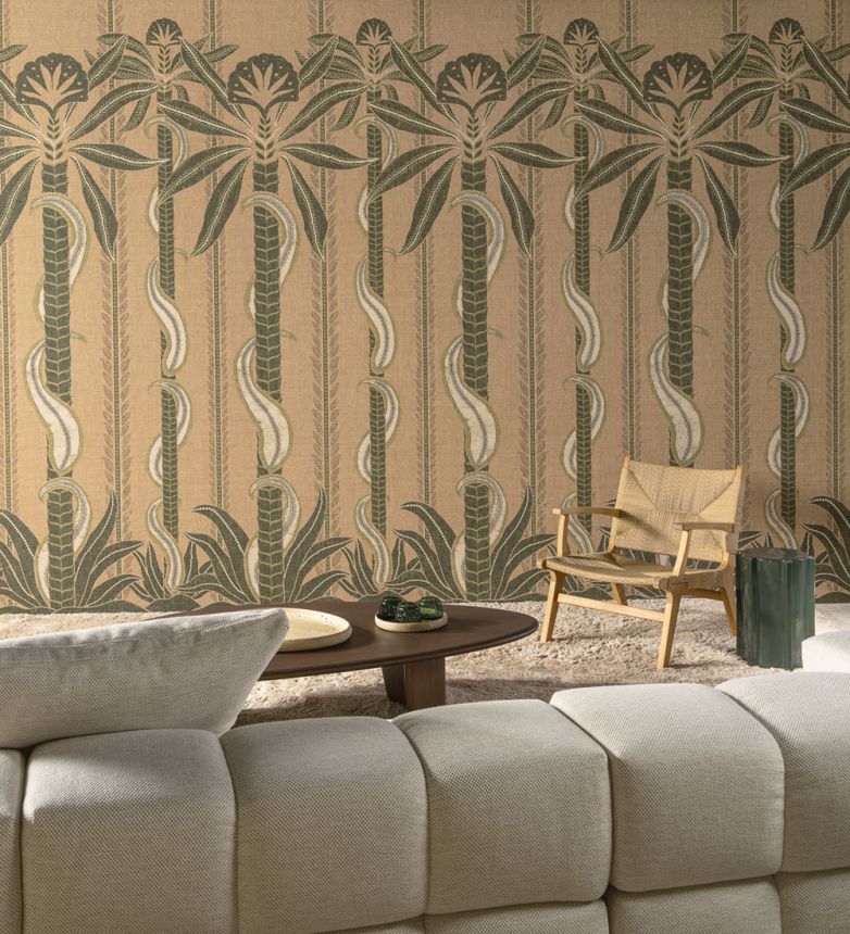 Vliesová obrazová tapeta, hnědá, zelená, pruhy, rostliny, 18320, Indienne, Arte
