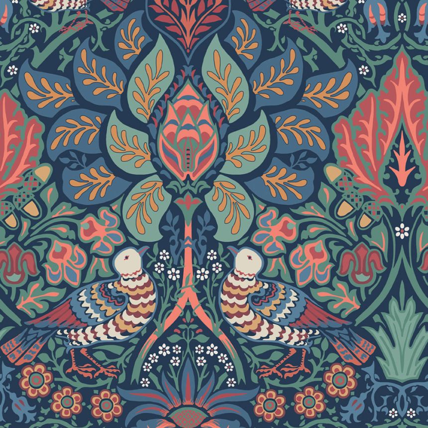 Vliesová tapeta na zeď, modrá, oranžová, květiny, ptáci, 140477, William Morris at Home vol. 2