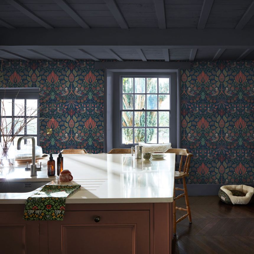 Vliesová tapeta na zeď, modrá, oranžová, květiny, ptáci, 140477, William Morris at Home vol. 2