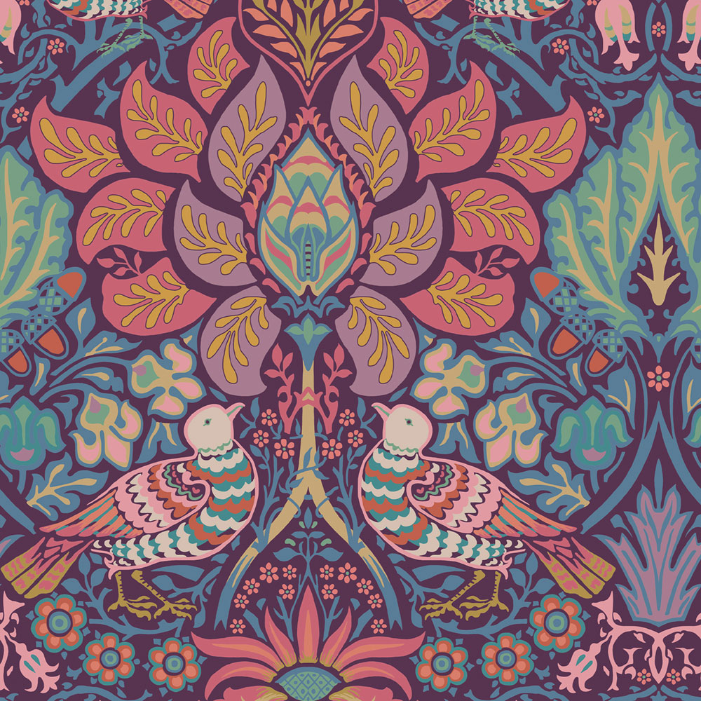 Vliesová tapeta na zeď, fialová, růžová, květiny, ptáci, 140478, William Morris at Home vol. 2