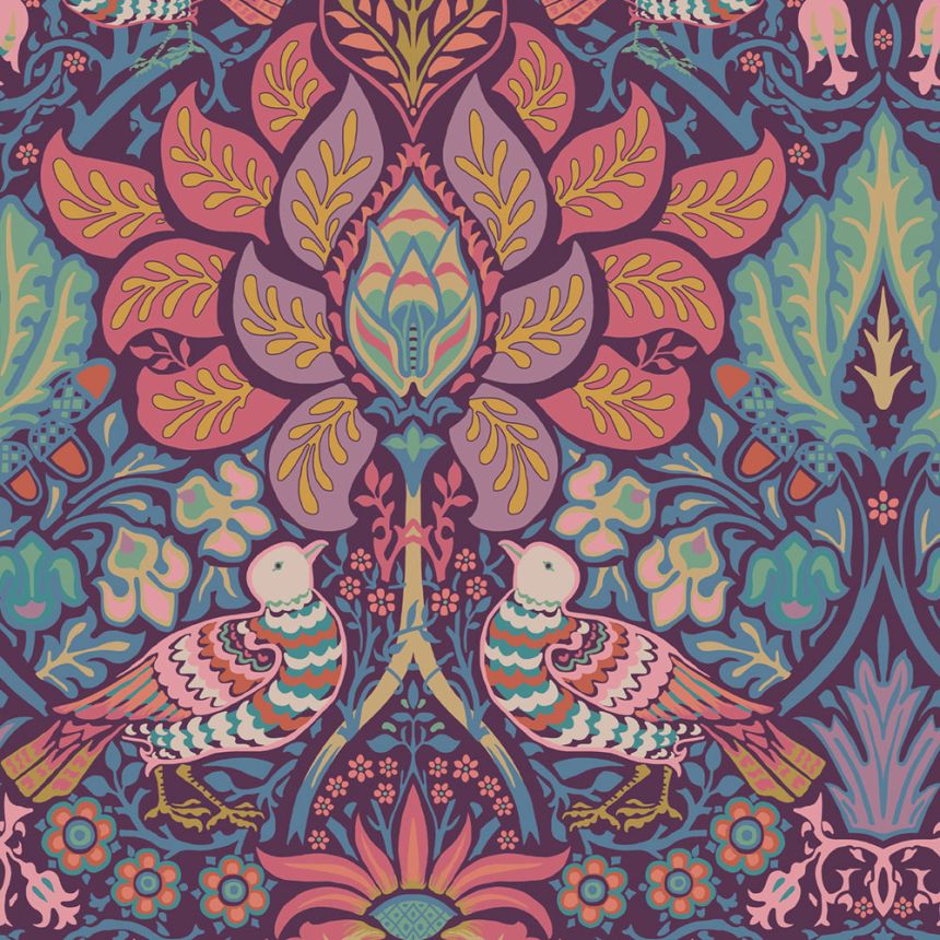 Vliesová tapeta na zeď, fialová, růžová, květiny, ptáci, 140478, William Morris at Home vol. 2