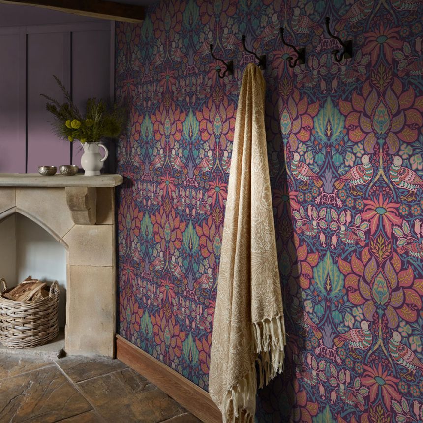 Vliesová tapeta na zeď, fialová, růžová, květiny, ptáci, 140478, William Morris at Home vol. 2