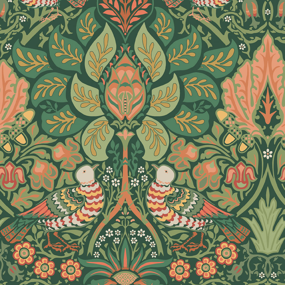 Vliesová tapeta na zeď, zelená, červená, květiny, ptáci, 140480, William Morris at Home vol. 2