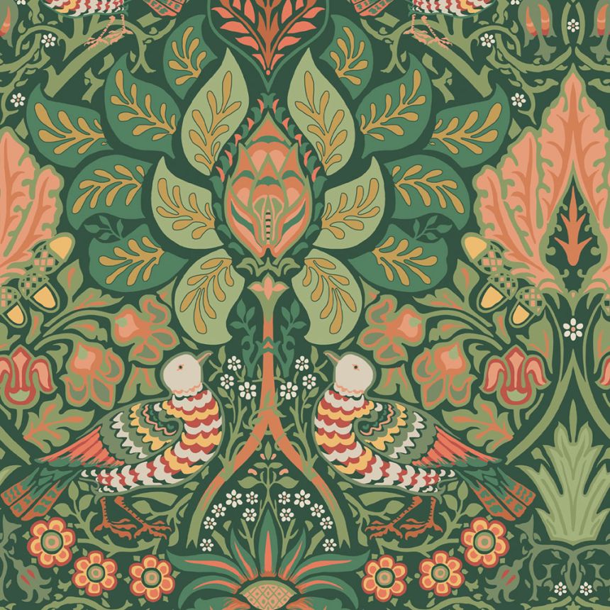 Vliesová tapeta na zeď, zelená, červená, květiny, ptáci, 140480, William Morris at Home vol. 2