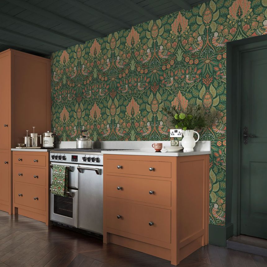 Vliesová tapeta na zeď, zelená, červená, květiny, ptáci, 140480, William Morris at Home vol. 2