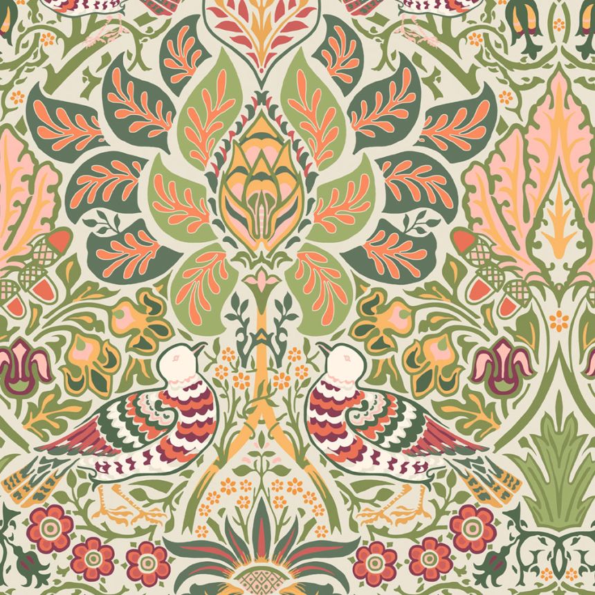 Vliesová tapeta na zeď, olivová, červená, květiny, ptáci, 140481, William Morris at Home vol. 2