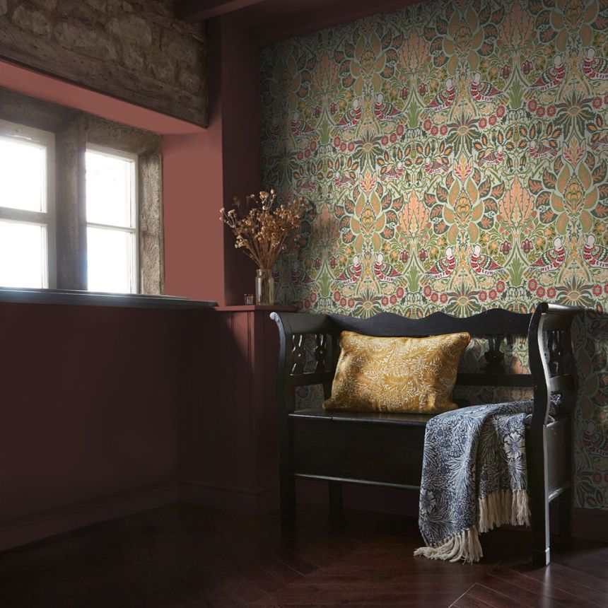 Vliesová tapeta na zeď, olivová, červená, květiny, ptáci, 140481, William Morris at Home vol. 2