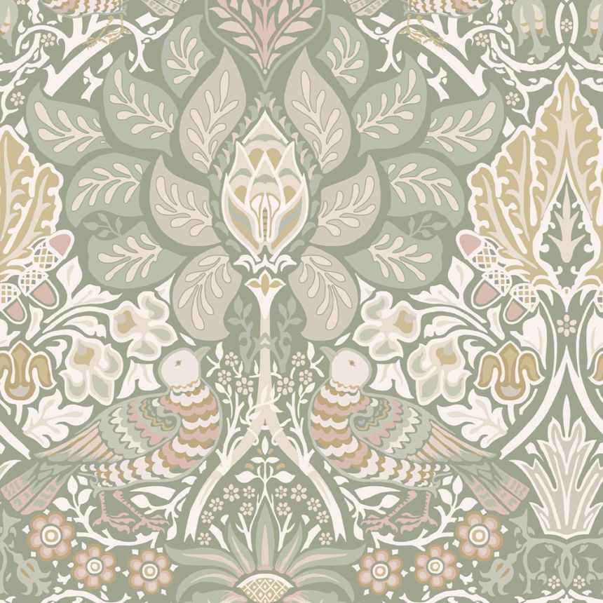 Vliesová tapeta na zeď, zelená, růžová, květiny, ptáci, 140482, William Morris at Home vol. 2