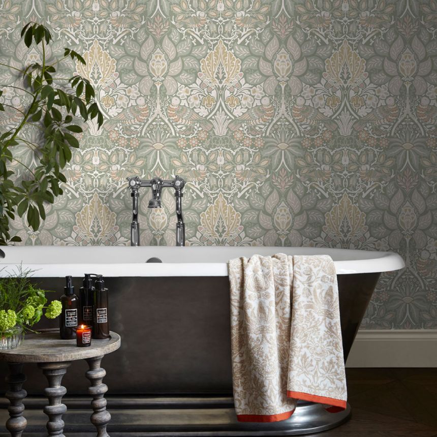 Vliesová tapeta na zeď, zelená, růžová, květiny, ptáci, 140482, William Morris at Home vol. 2