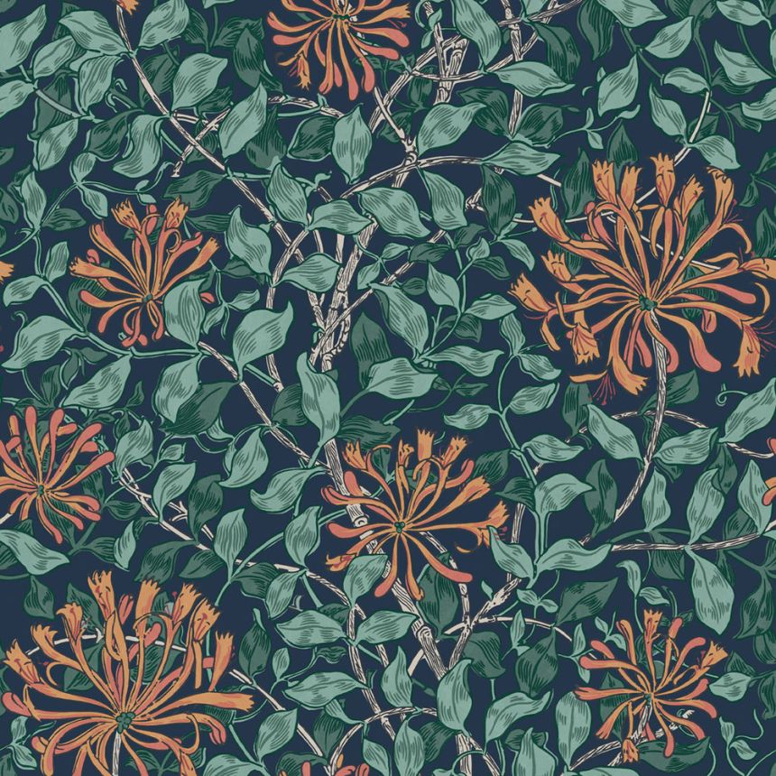 Vliesová tapeta na zeď, modrá, zelená, květiny, listy, 140484, William Morris at Home vol. 2