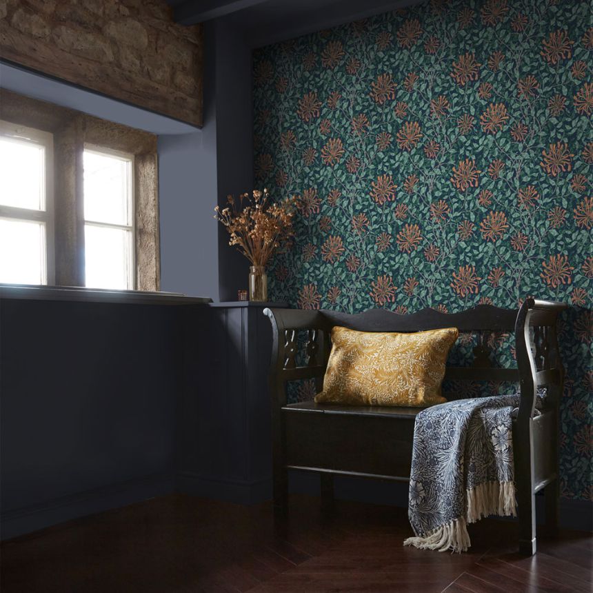 Vliesová tapeta na zeď, modrá, zelená, květiny, listy, 140484, William Morris at Home vol. 2