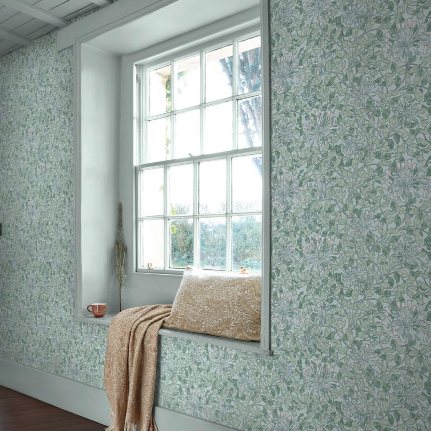 Vliesová tapeta na zeď, zelená, bílá, květiny, listy, 140485, William Morris at Home vol. 2