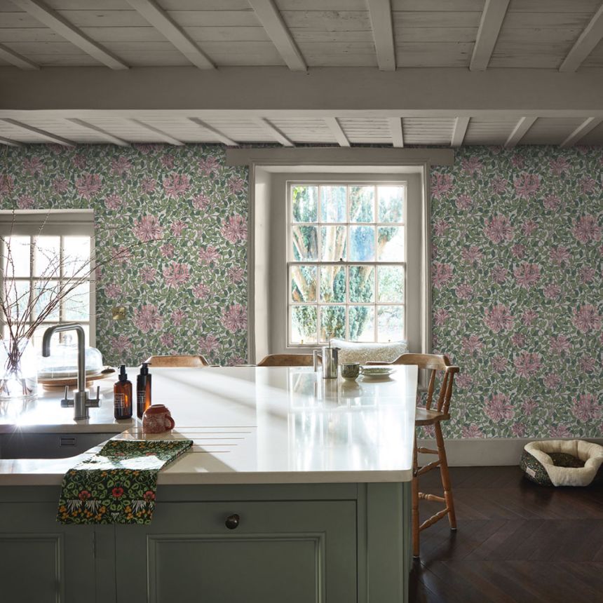 Vliesová tapeta na zeď, zelená, růžová, květiny, listy, 140486, William Morris at Home vol. 2