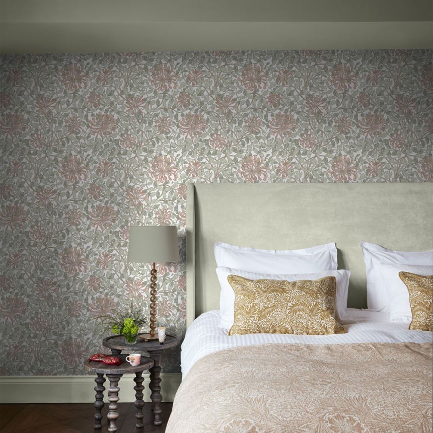 Vliesová tapeta na zeď, olivová, růžová, květiny, listy, 140488, William Morris at Home vol. 2