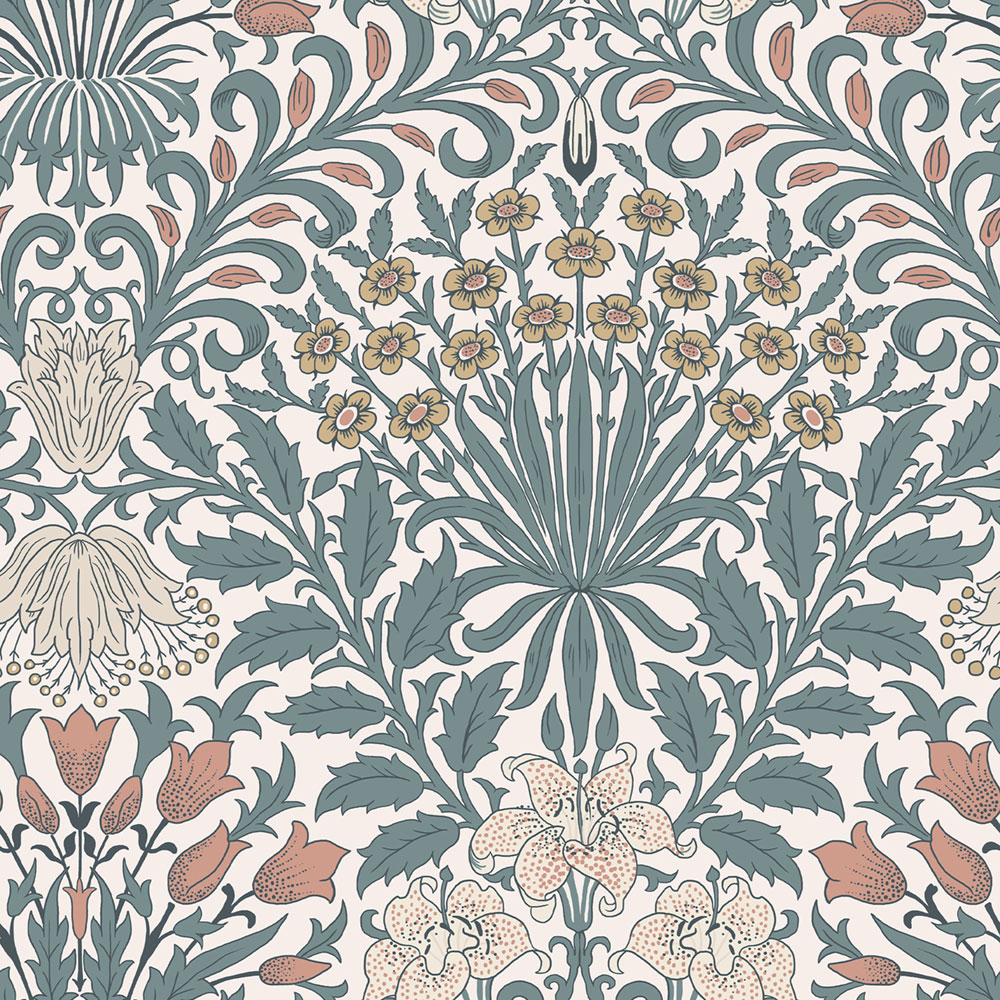 Vliesová tapeta na zeď, modrá, žlutá, květiny, listy, 140493, William Morris at Home vol. 2