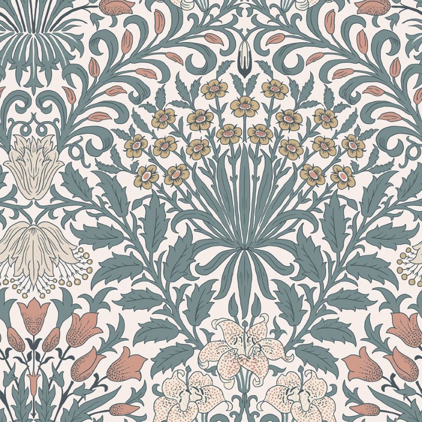 Vliesová tapeta na zeď, modrá, žlutá, květiny, listy, 140493, William Morris at Home vol. 2