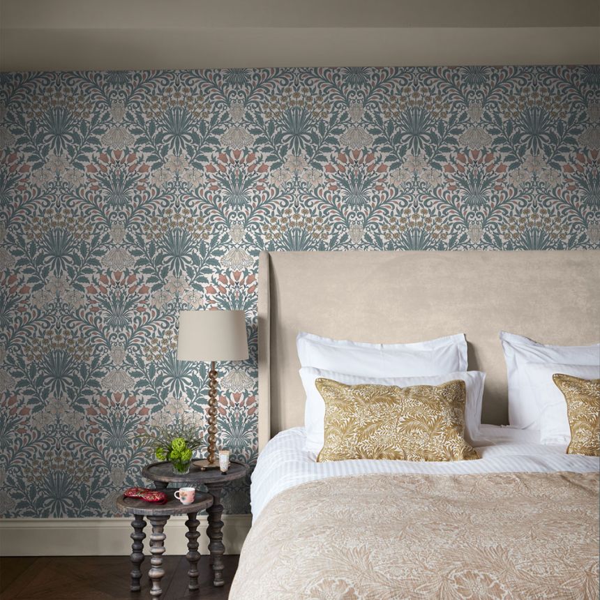 Vliesová tapeta na zeď, modrá, žlutá, květiny, listy, 140493, William Morris at Home vol. 2