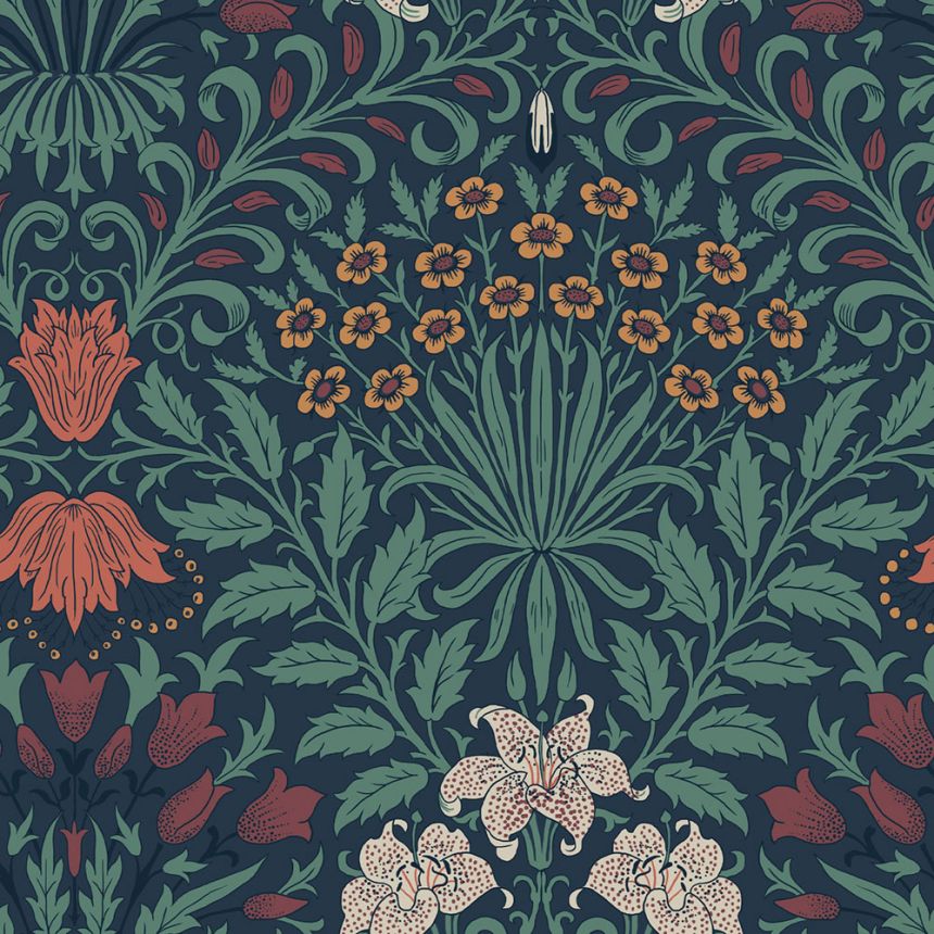 Vliesová tapeta na zeď, modrá, červená, květiny, listy, 140494, William Morris at Home vol. 2