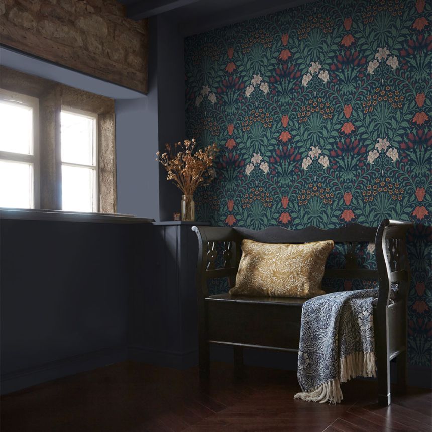Vliesová tapeta na zeď, modrá, červená, květiny, listy, 140494, William Morris at Home vol. 2