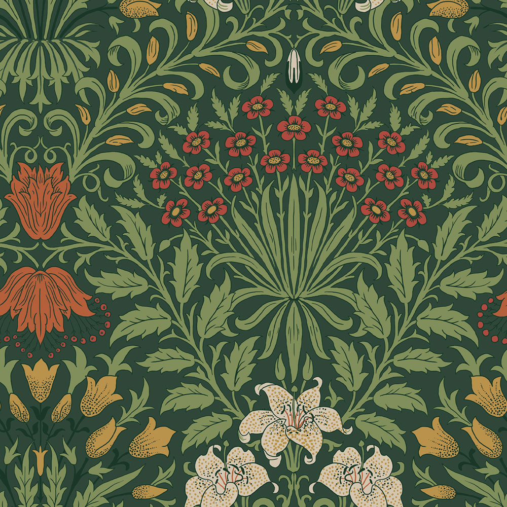 Vliesová tapeta na zeď, zelená, červená, květiny, listy, 140495, William Morris at Home vol. 2