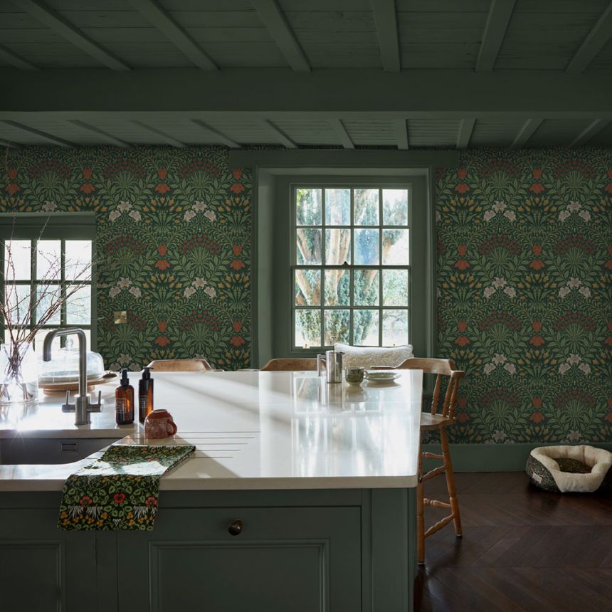 Vliesová tapeta na zeď, zelená, červená, květiny, listy, 140495, William Morris at Home vol. 2