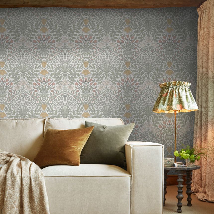 Vliesová tapeta na zeď, šedá, růžová, květiny, listy, 140497, William Morris at Home vol. 2