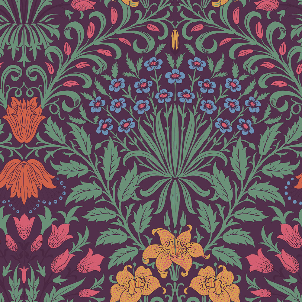 Vliesová tapeta na zeď, fialová, zelená, květiny, listy, 140498, William Morris at Home vol. 2