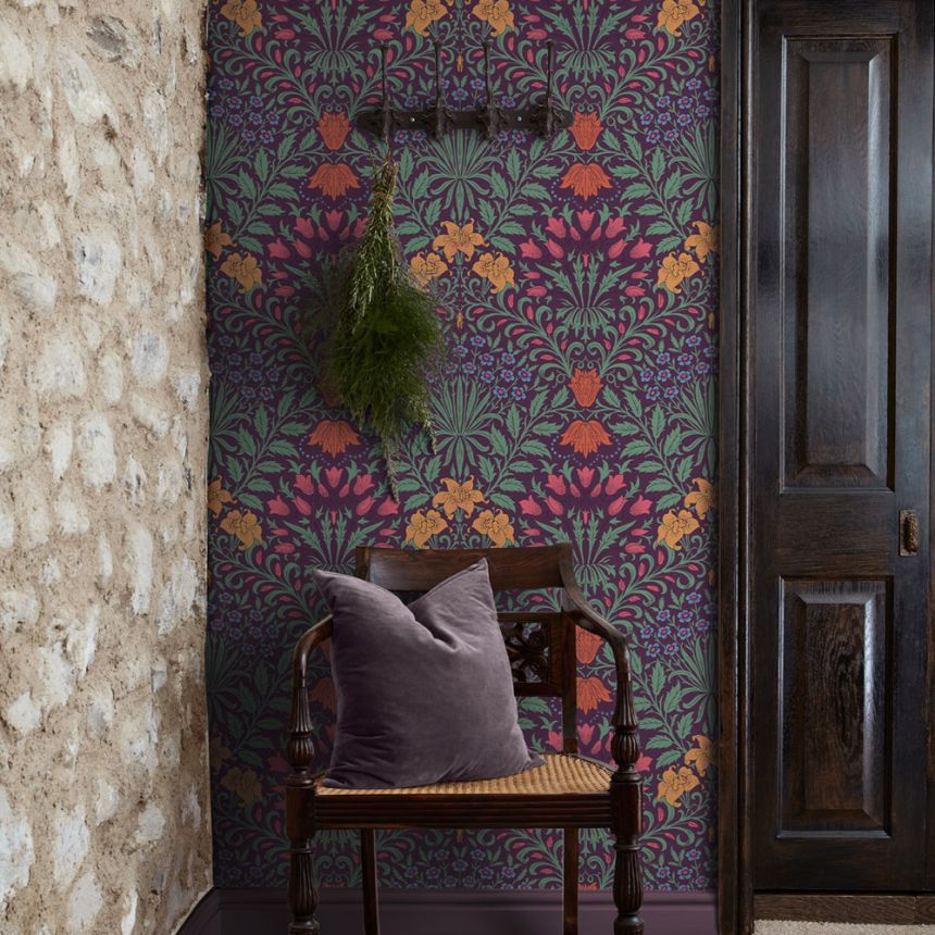Vliesová tapeta na zeď, fialová, zelená, květiny, listy, 140498, William Morris at Home vol. 2