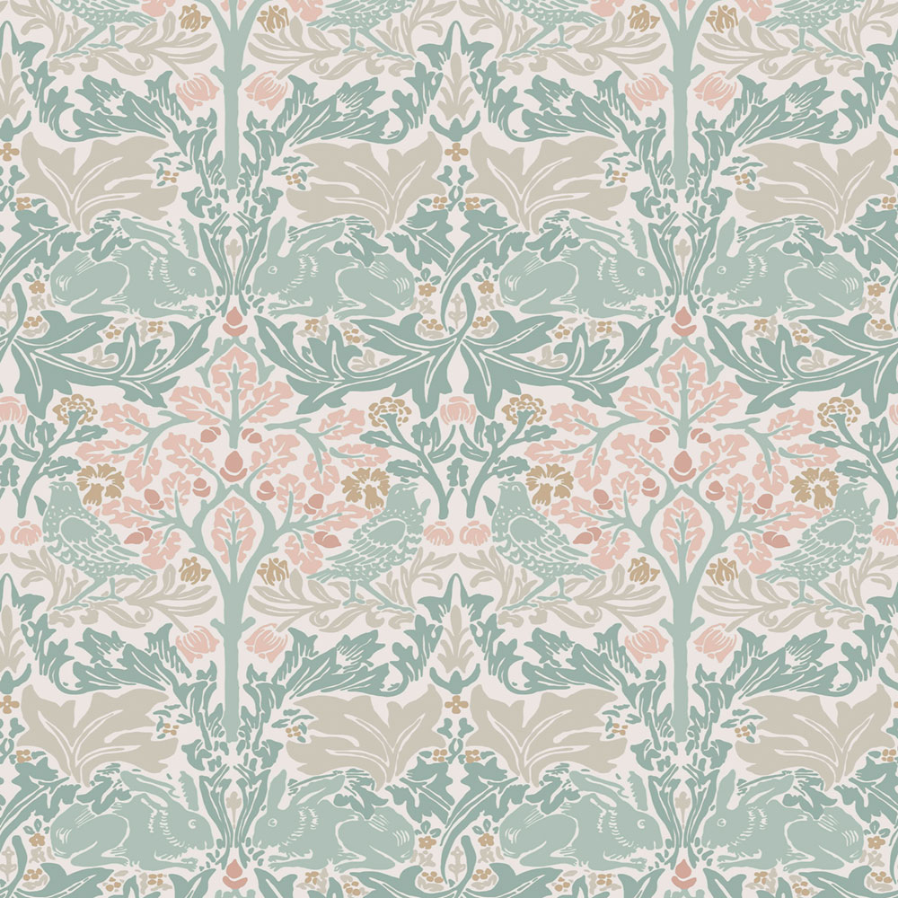 Vliesová tapeta na zeď, zelená, růžová, listy, stromy, ptáci, zajíčci, 140499, William Morris at Home vol. 2