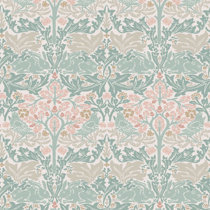 Vliesová tapeta na zeď, zelená, růžová, listy, stromy, ptáci, zajíčci, 140499, William Morris at Home vol. 2