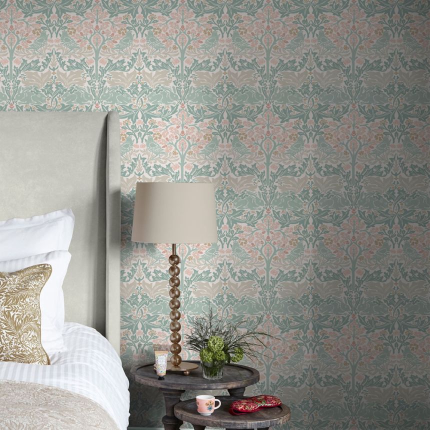 Vliesová tapeta na zeď, zelená, růžová, listy, stromy, ptáci, zajíčci, 140499, William Morris at Home vol. 2
