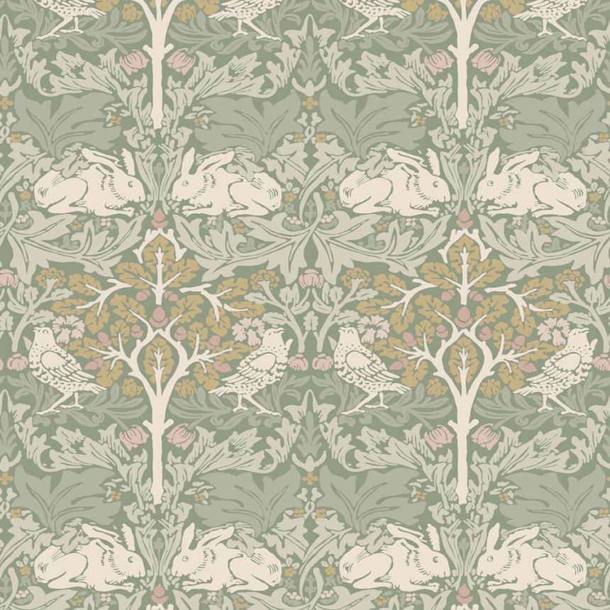 Vliesová tapeta na zeď, šedá, zelená, listy, stromy, ptáci, zajíčci, 140500, William Morris at Home vol. 2