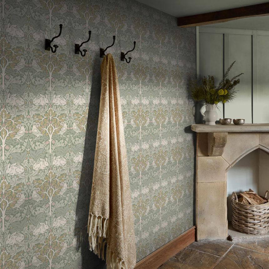 Vliesová tapeta na zeď, šedá, zelená, listy, stromy, ptáci, zajíčci, 140500, William Morris at Home vol. 2