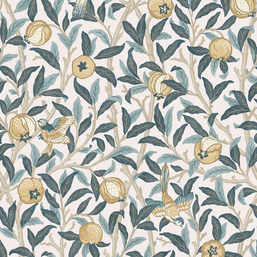 Vliesová tapeta na zeď, béžová, zelená, větvičky, ptáci, 140501, William Morris at Home vol. 2