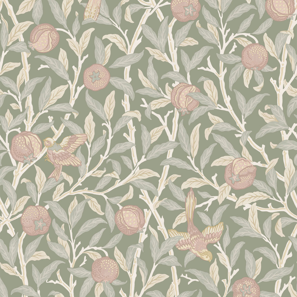 Vliesová tapeta na zeď, zelená, růžová, větvičky, ptáci, 140502, William Morris at Home vol. 2