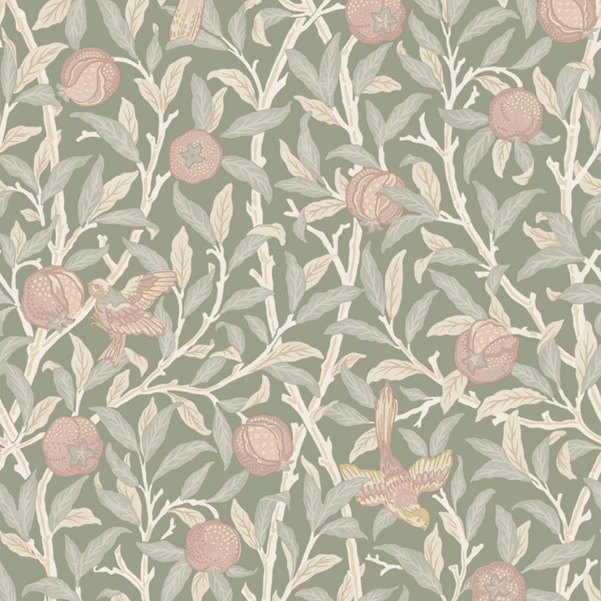 Vliesová tapeta na zeď, zelená, růžová, větvičky, ptáci, 140502, William Morris at Home vol. 2