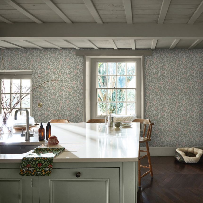 Vliesová tapeta na zeď, zelená, růžová, větvičky, ptáci, 140502, William Morris at Home vol. 2