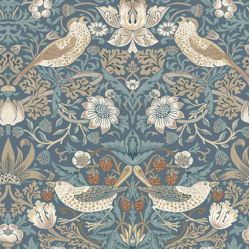 Vliesová tapeta na zeď, modrá, béžová, květiny, ptáci, 140503, William Morris at Home vol. 2