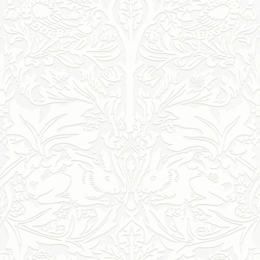 Vliesová tapeta na zeď, bílá, listy, stromy, ptáci, zajíčci, 142104, William Morris at Home vol. 2